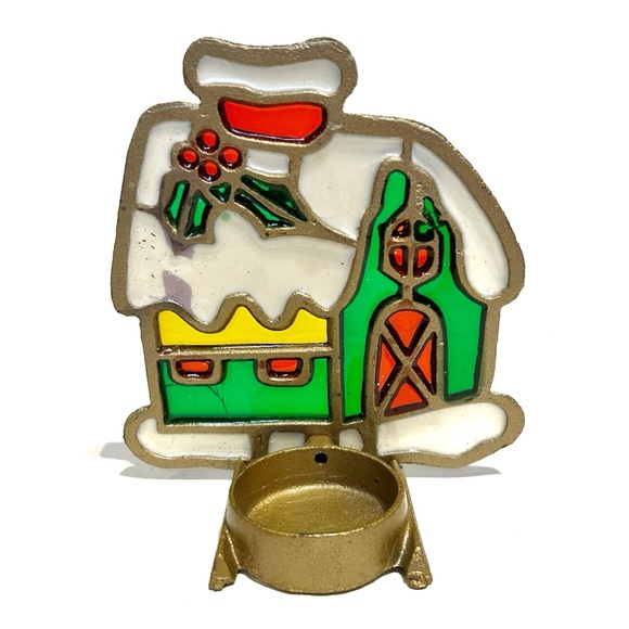 Vintage Holiday Christmas Stained Glass Tea Light Candle Holder House Cottage - Picture 2 of 11